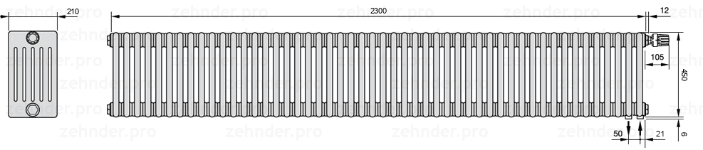 Схема (чертеж) Радиатор Zehnder Charleston 6045/50 №V002 Белый глянцевый RAL 9016